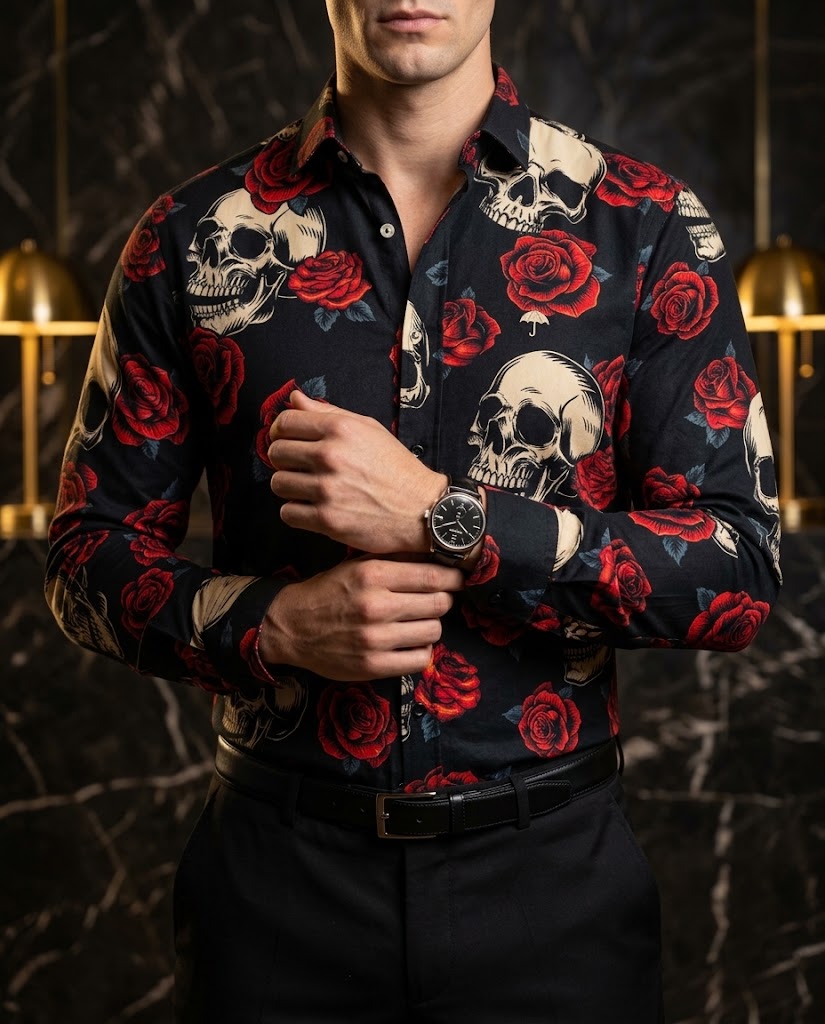 Camisa Hombre Estampado Negro Rojo Rosa — Crimson Rose | Moon & Rain