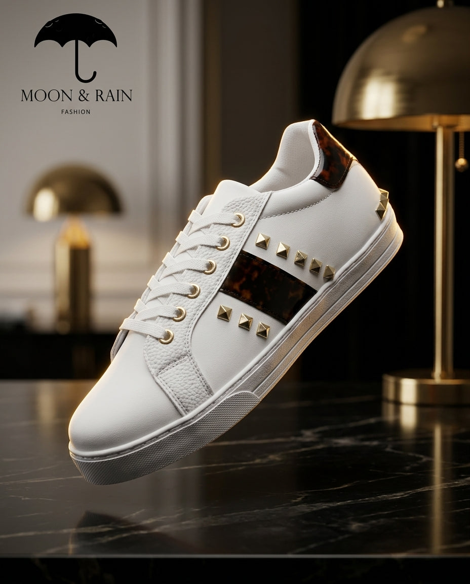 Tenis Unisex Sneakers Blancos Det Franja Marrón Estoperoles Dorados
