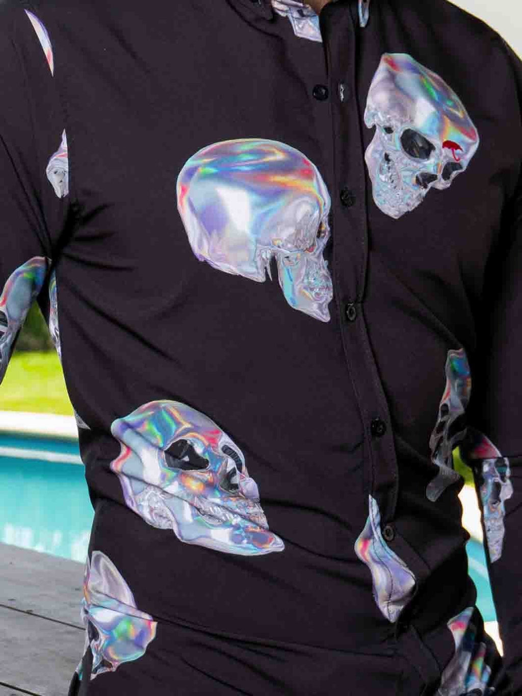 Men's Casual Slim Fit Shirt Black Skull Iridescent Silver