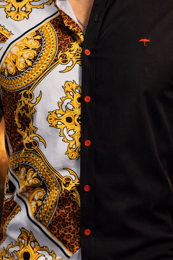 Men's Casual Slim Fit Shirt with Golden Baroque Figures - Black
