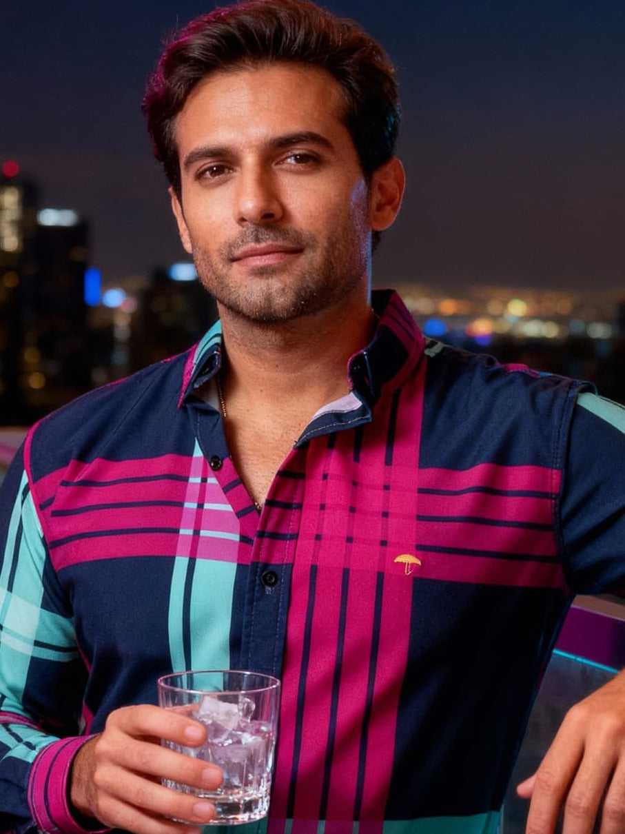 Moon & Rain | Camisa Casual Hombre, Azul Marino Líneas Rosa Y Azul Turquesa