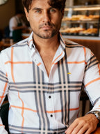 Camisa Hombre Cuadros Gris Beige Naranja — Ember Check | Moon & Rain