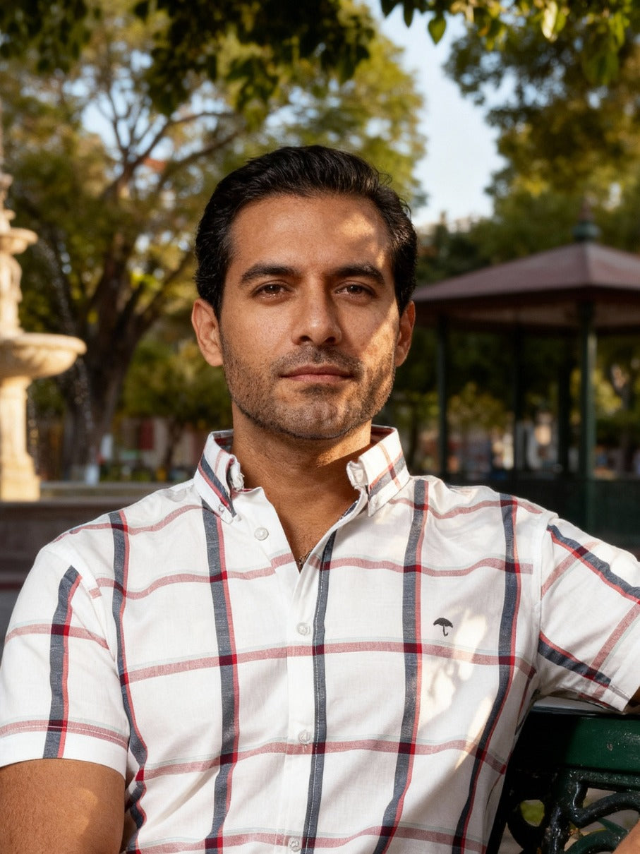 Men's Casual White Shirt with Navy Blue and Red Lines