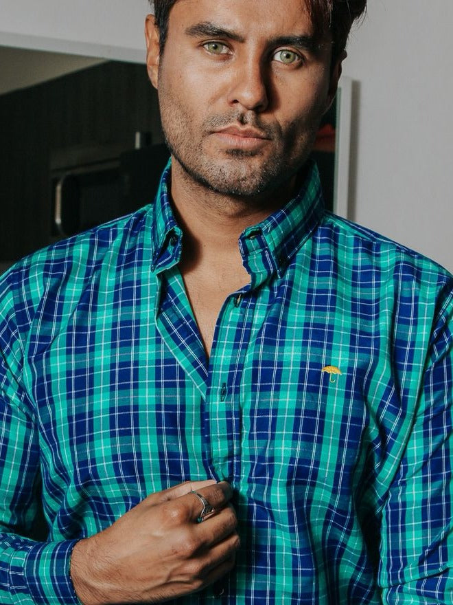 Camisa Hombre Cuadros Azul Verde — Jade Check | Moon & Rain