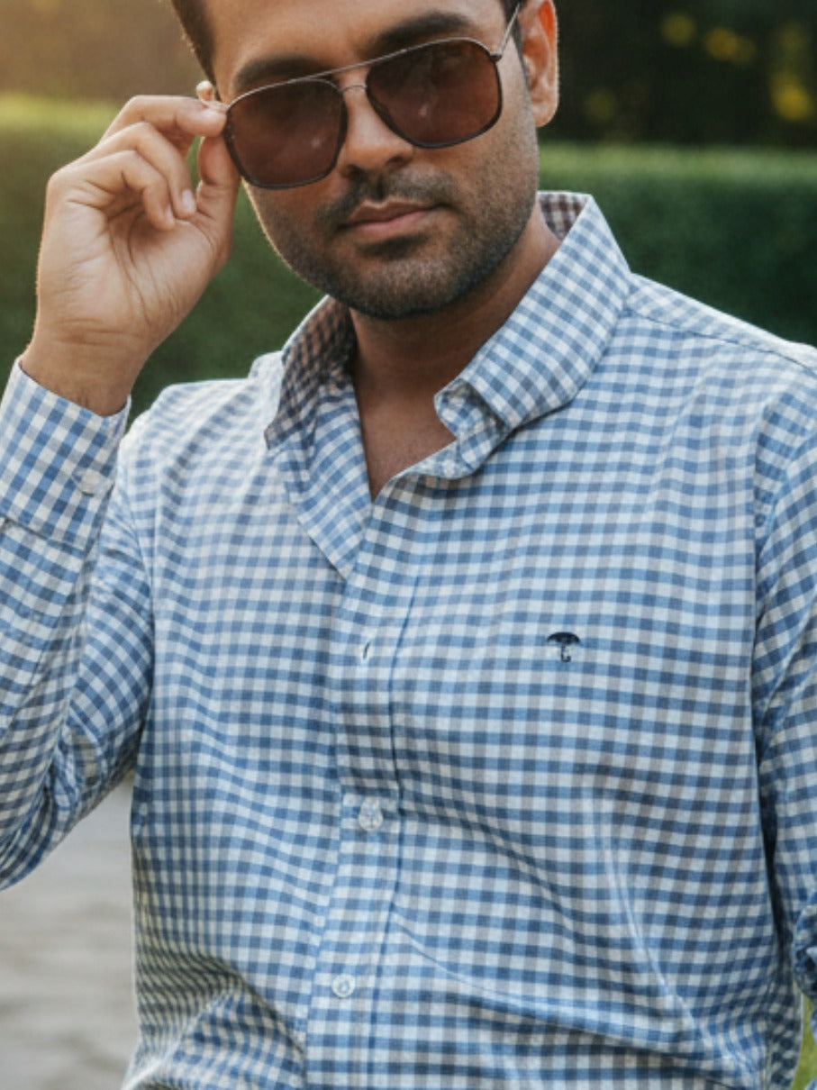 Camisa Hombre Cuadros Azul Gris — Slate Check | Moon & Rain