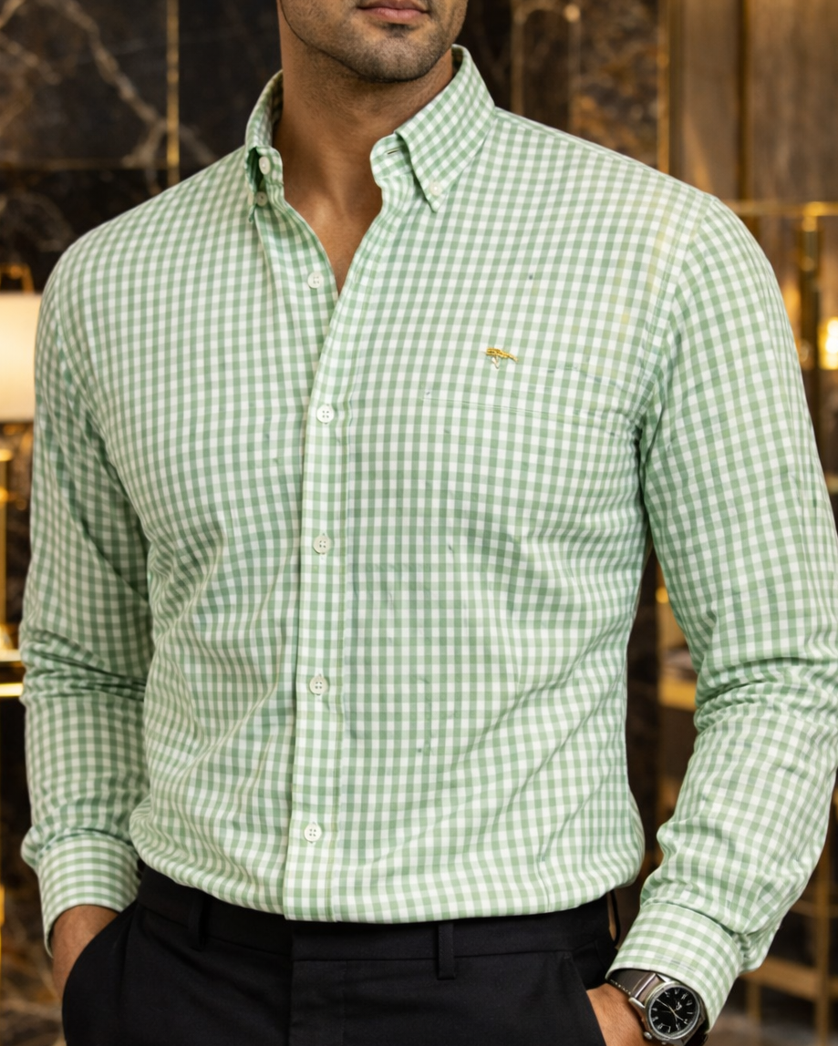 Camisa Hombre Casual Mini Cuadros Verde Blanco