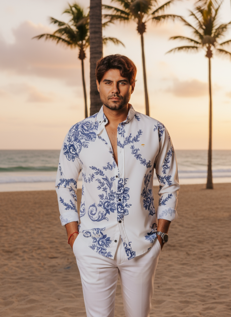 Camisa Hombre Manga Larga Detalle Floral Azul