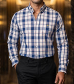 Men's Casual Shirt, Navy Blue, White, Sky Blue Check