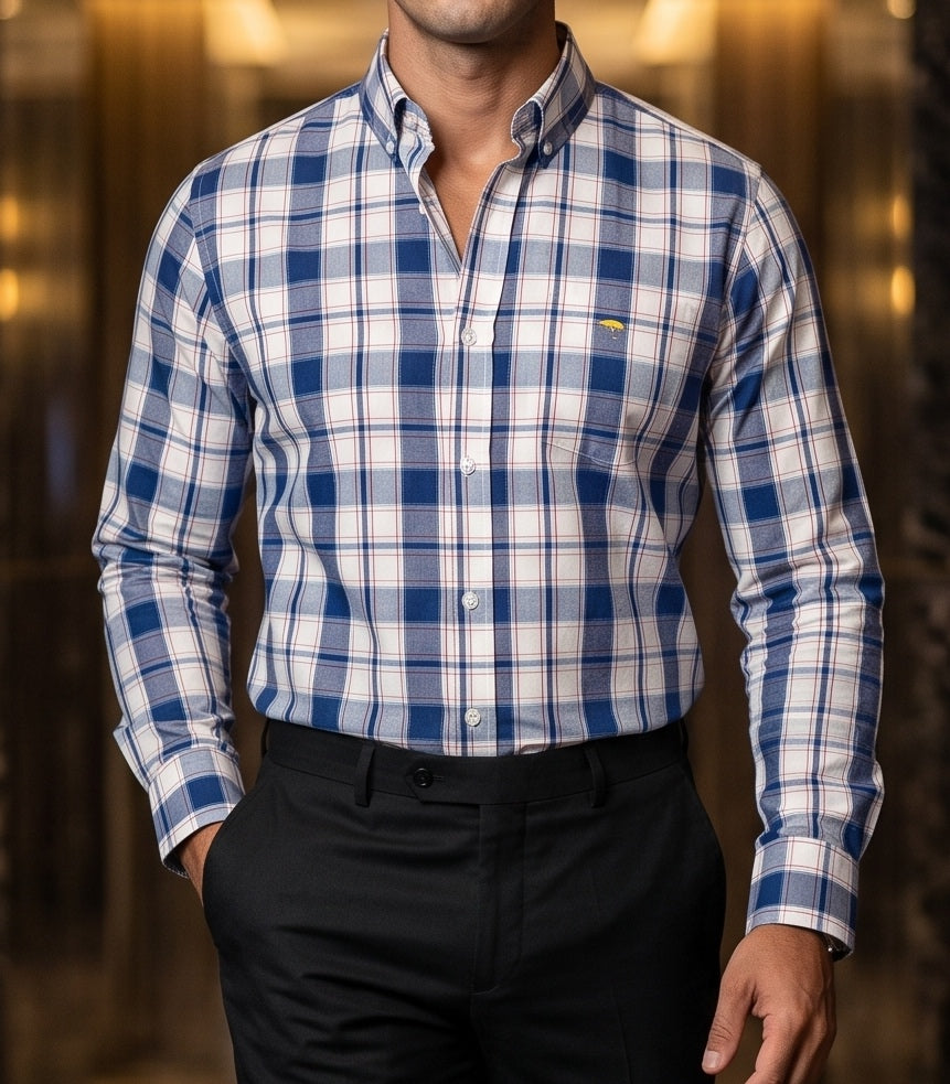 Moon & Rain | Camisa Casual Hombre, Cuadro Azul Marino, Blanco, Azul Cielo