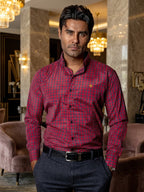 Men's Casual Shirt, Red Micro Check Navy Blue