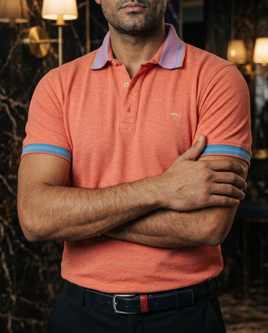 Playera Polo Hombre Slim Fit Salmón Coral Detalles Azul