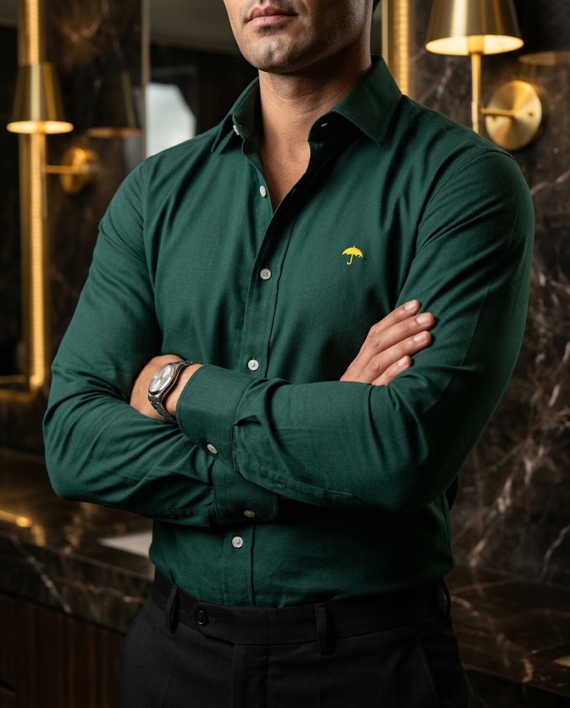 Camisa Hombre Casual Verde Oscuro Lisa