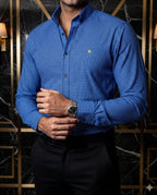 Camisa Hombre Casual Mini Cuadros Azul Lineas Blancas