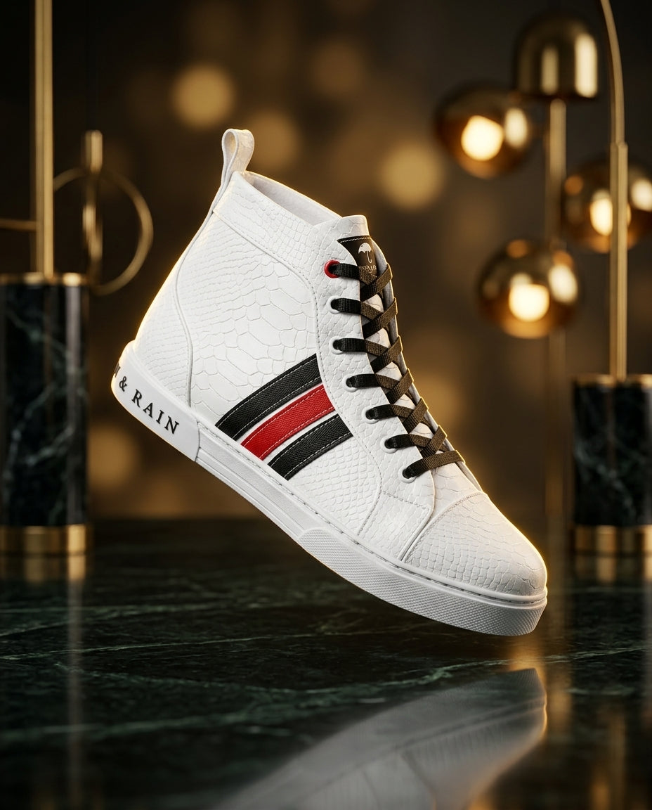 Tenis Hombre Bota Botín Blanco Texturizado Det. Líneas Negras, Rojas
