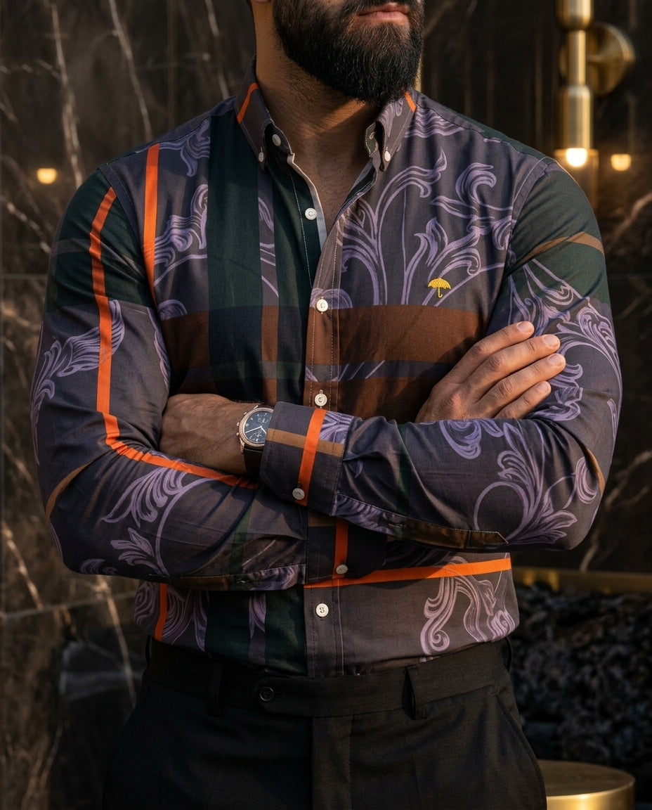 Camisa Hombre Casual Blanca Rayas Gris, Naranjas