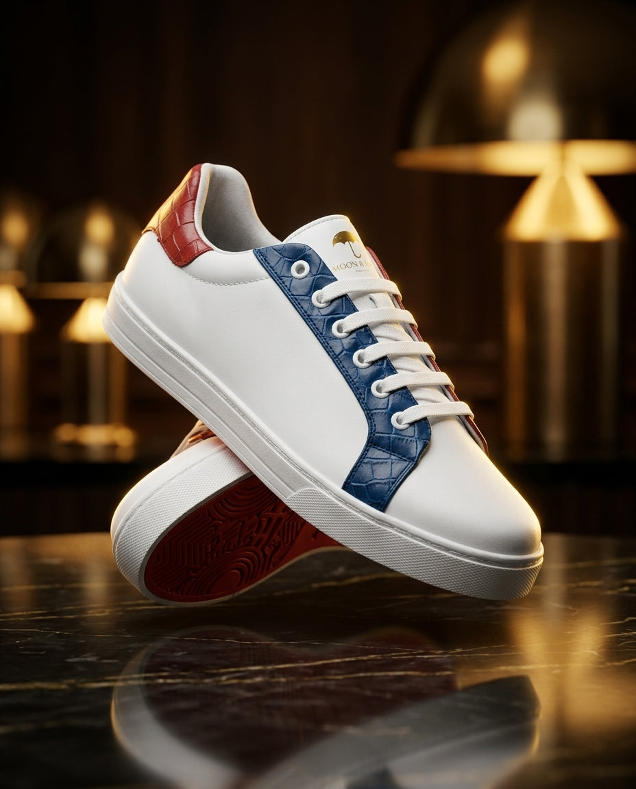 Men's White Plain Textured Red and Blue Leather Sneakers