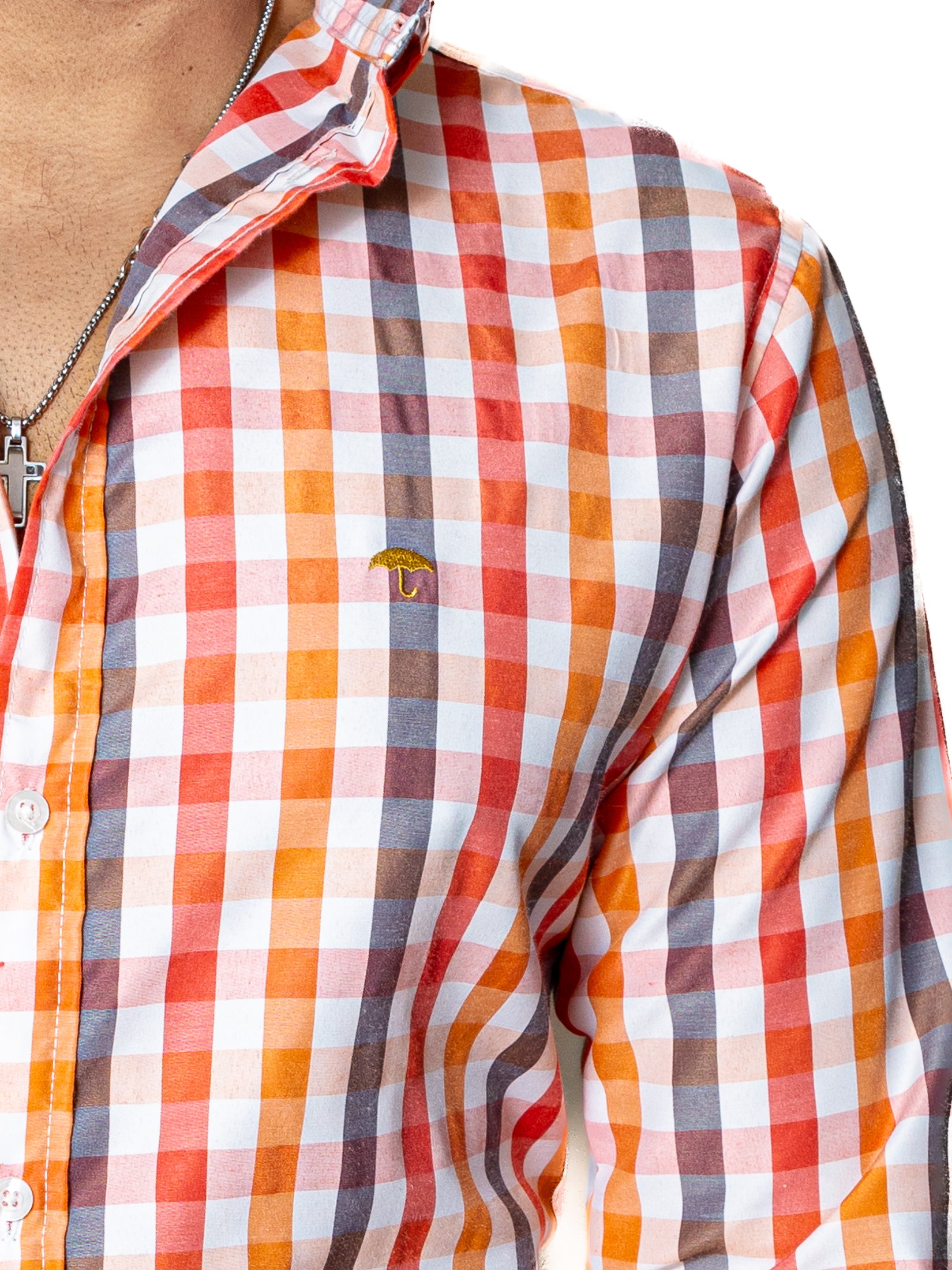 Camisa Casual Hombre Líneas Melón Coral y Gris - 34 (S)-Tiendas Platino