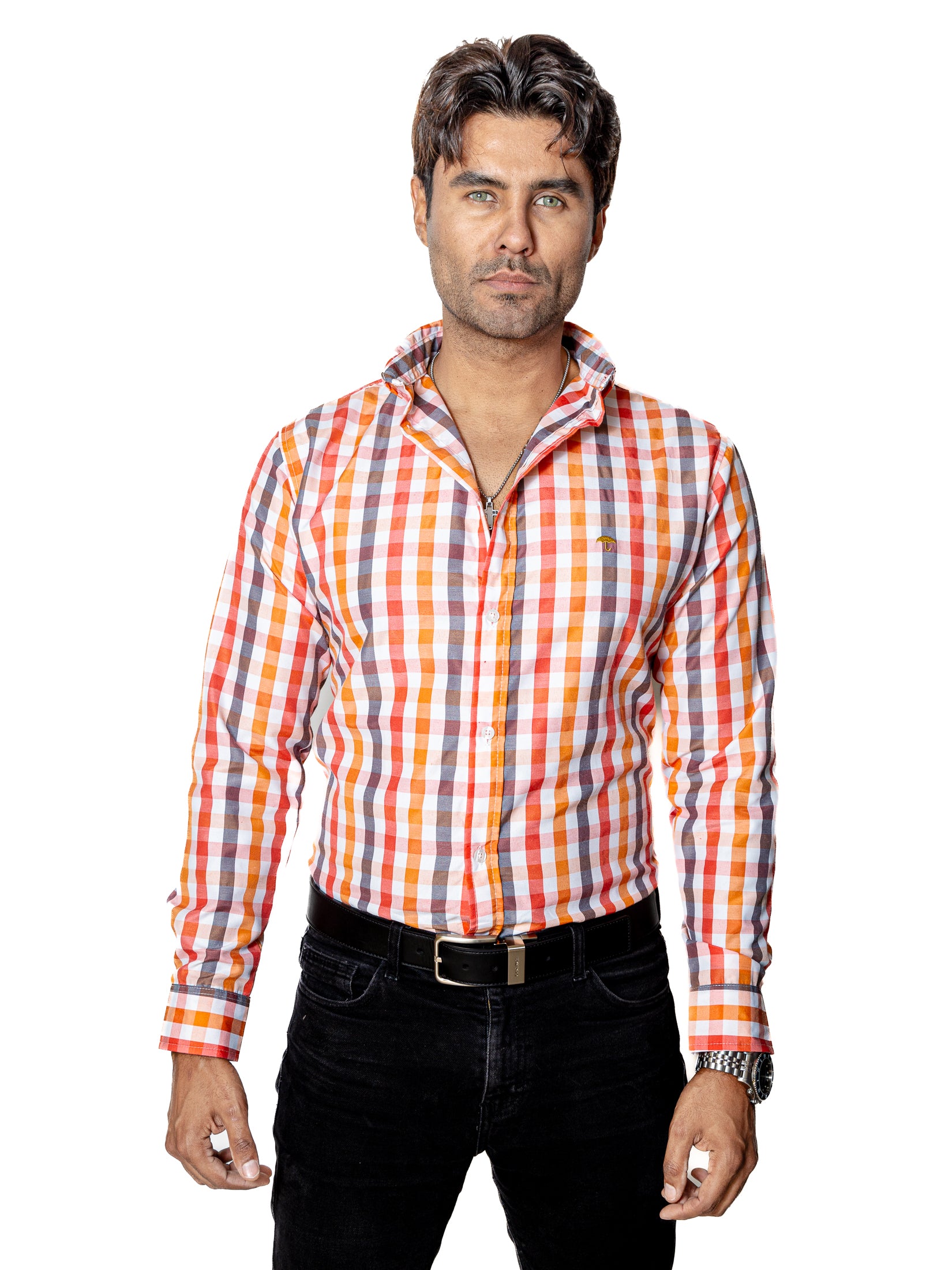 Camisa Casual Hombre Líneas Melón Coral y Gris - 34 (S)-Tiendas Platino