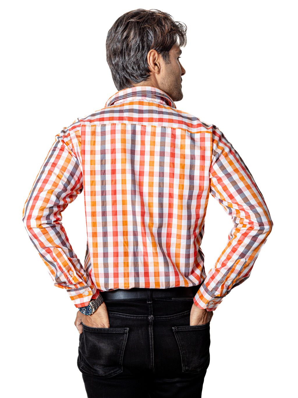 Camisa Casual Hombre Líneas Melón Coral y Gris - 34 (S)-Tiendas Platino