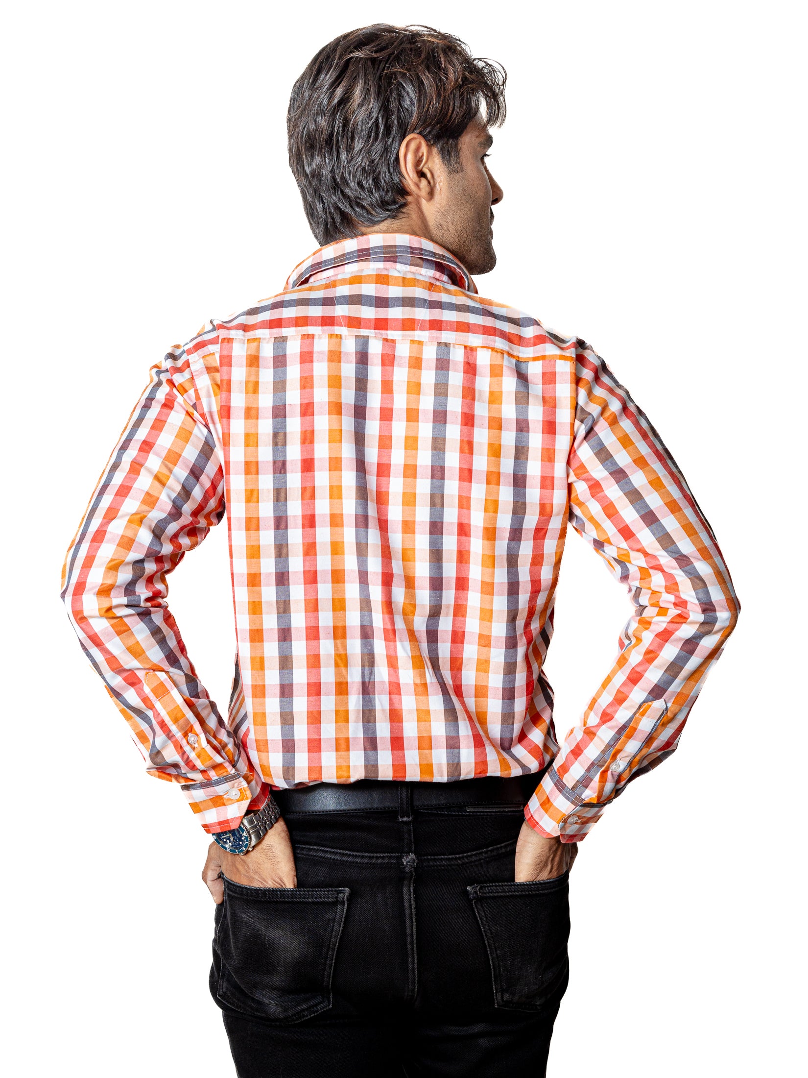 Camisa Casual Hombre Líneas Melón Coral y Gris - 34 (S)-Tiendas Platino