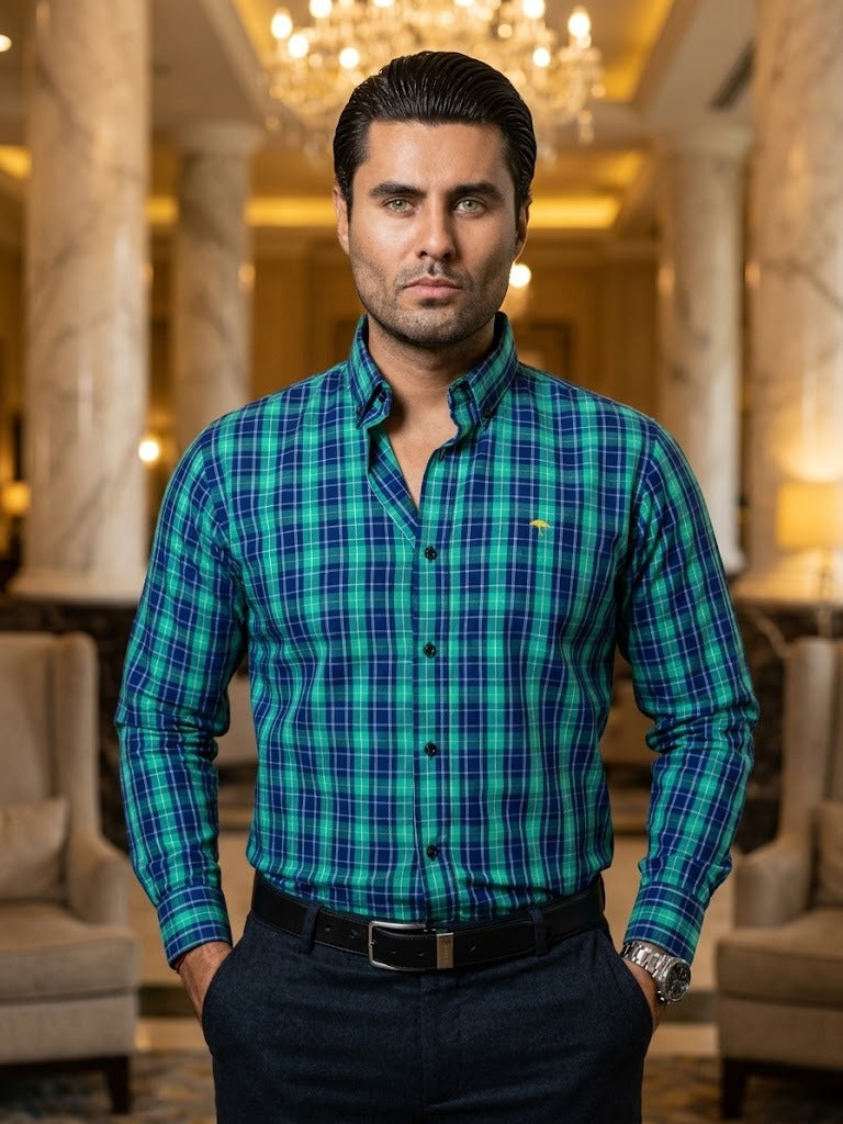 Camisa Hombre Cuadros Azul Verde — Jade Check | Moon & Rain