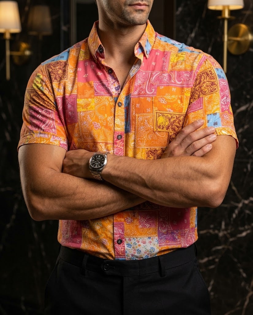 Men's Casual Short-Sleeved Shirt with Orange and Pink Plaid and Floral Bandana