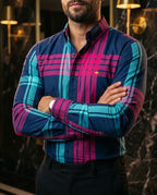 Moon & Rain | Camisa Casual Hombre, Azul Marino Líneas Rosa Y Azul Turquesa