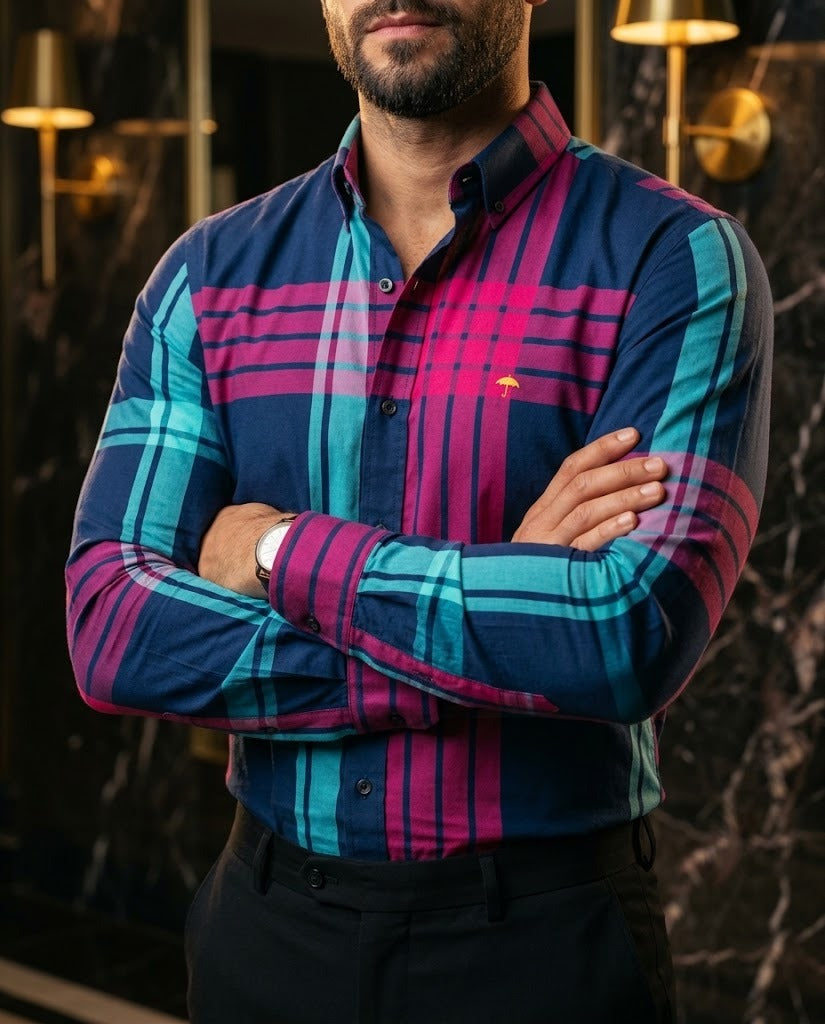 Moon & Rain | Camisa Casual Hombre, Azul Marino Líneas Rosa Y Azul Turquesa