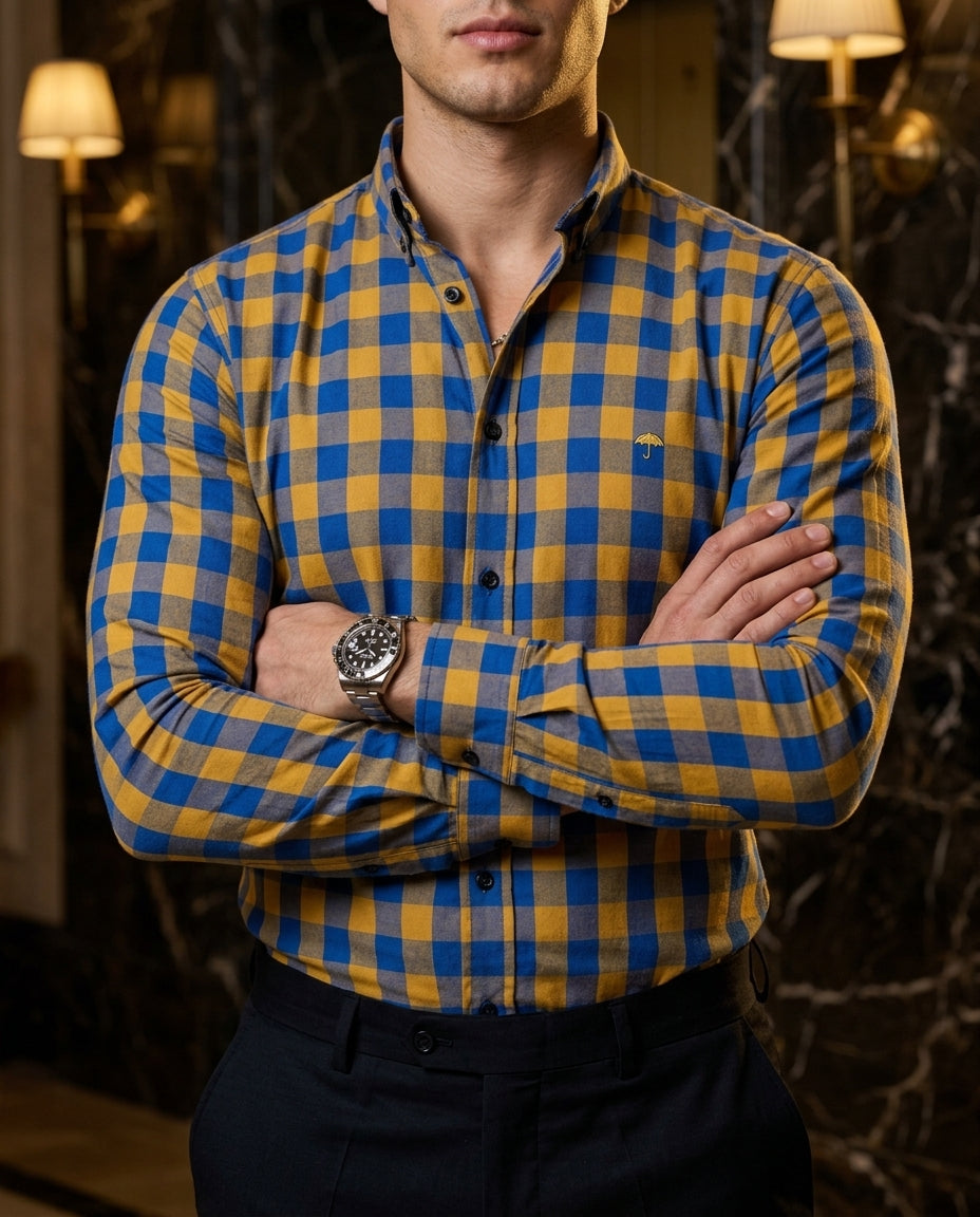 Camisa Hombre Cuadros Azul — Gold Check | Moon & Rain