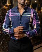 Men's Casual Dark Blue Shirt with Colored Lines