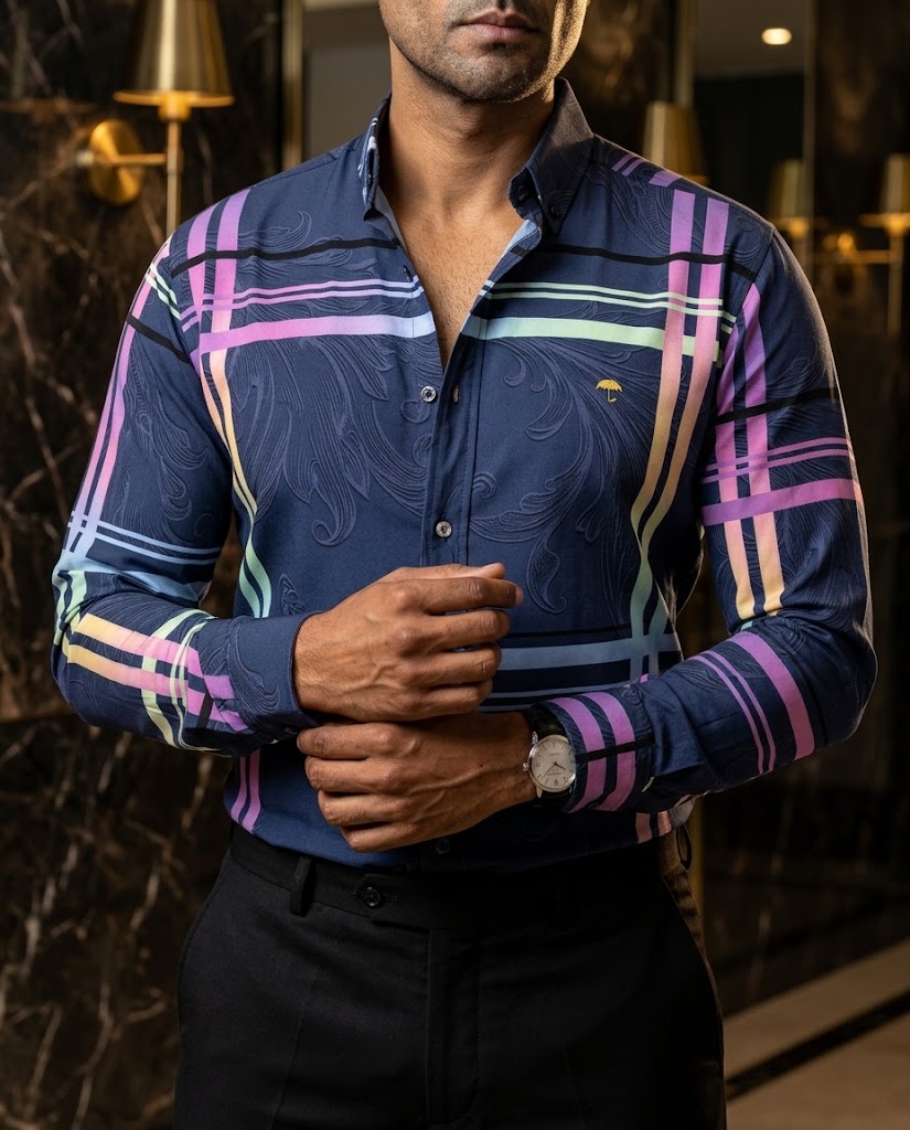 Men's Casual Dark Blue Shirt with Colored Lines
