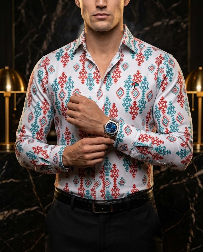 Camisa Hombre Estampado Blanco Rojo Verde — Ember Field | Moon & Rain