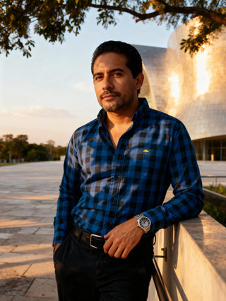 Camisa Hombre Casual Azul Cuadros Negro