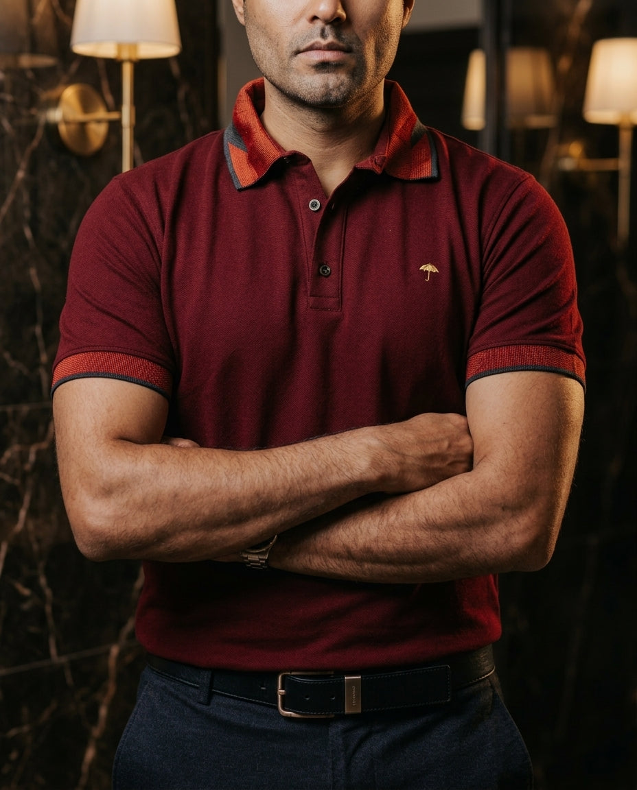 Playera Polo Hombre Slim Fit Vino Detalle Rojo y Negro