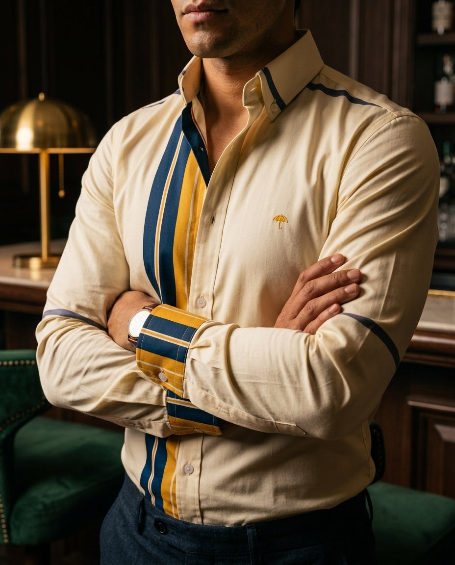 Moon & Rain | Camisa Casual Hombre, Crema Líneas Amarillo, Azul Marino