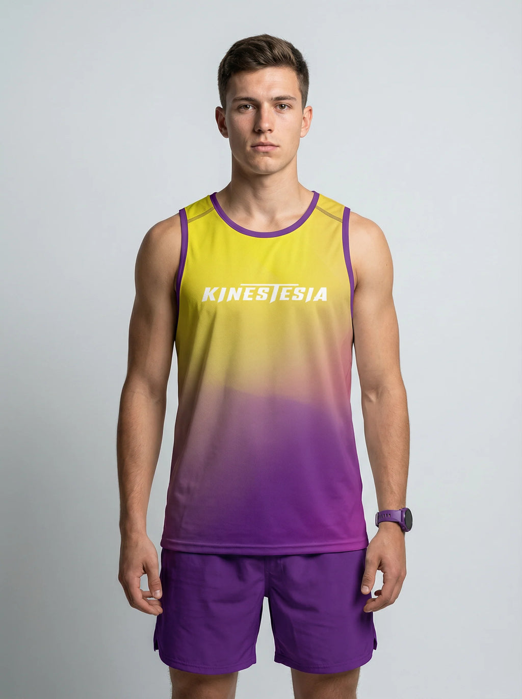PLAYERA TANK HOMBRE SIN MANGAS AMARILLO MORADO MIXED DEGRADADO