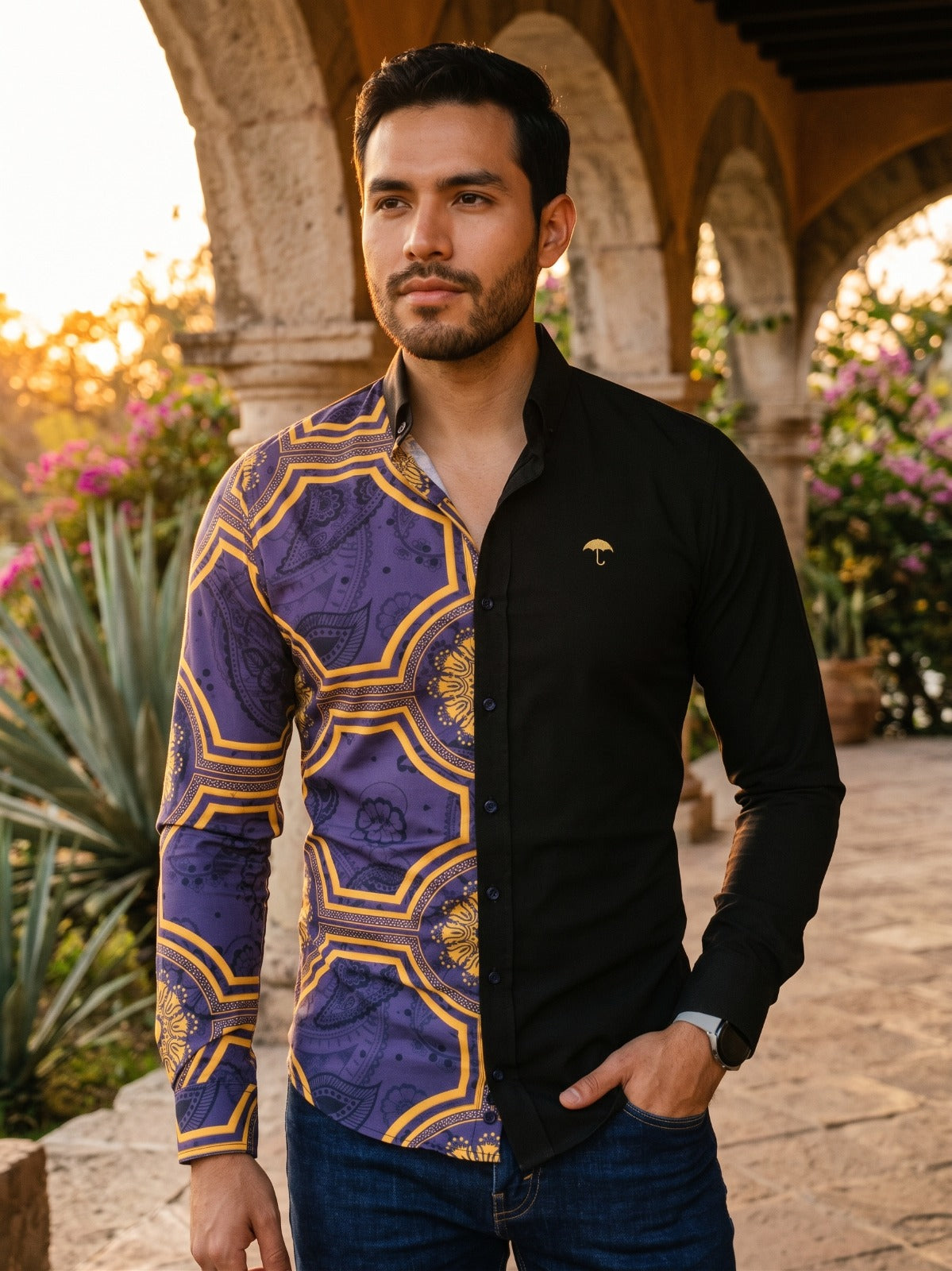 Men's Casual Slim Fit Shirt Black Half Golden Mandala