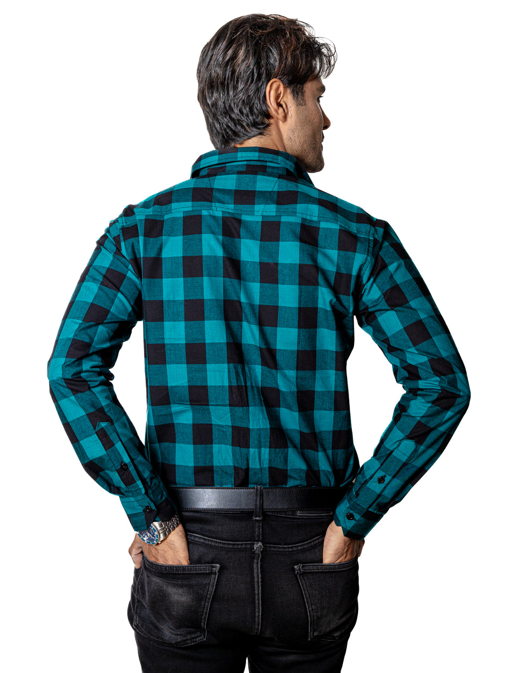Camisa Casual Hombre Cuadros Verde Esmeralda y Negro - Tiendas Platino Camisas Hombre 34 (S)