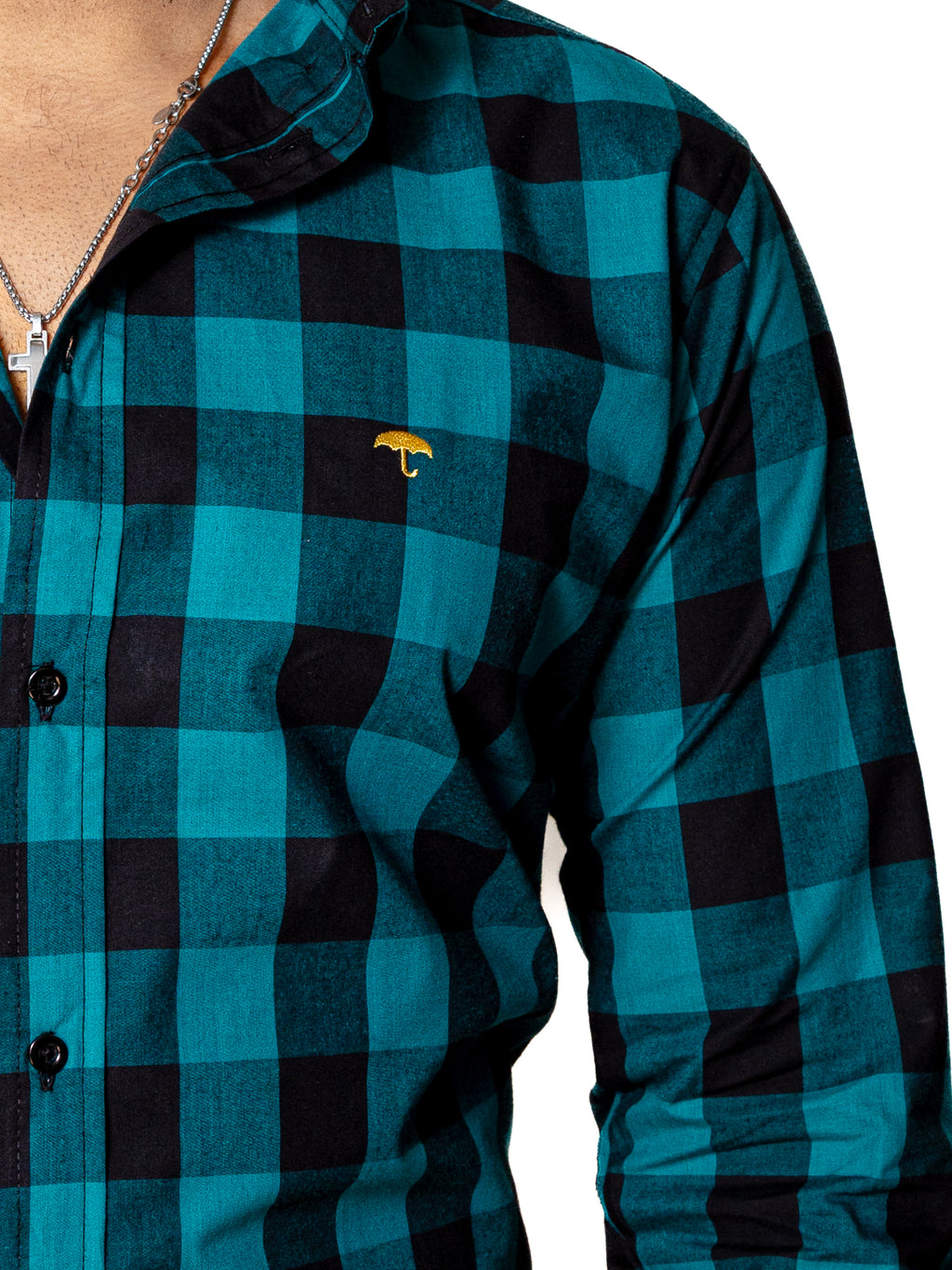 Camisa Casual Hombre Cuadros Verde Esmeralda y Negro - Tiendas Platino Camisas Hombre 34 (S)