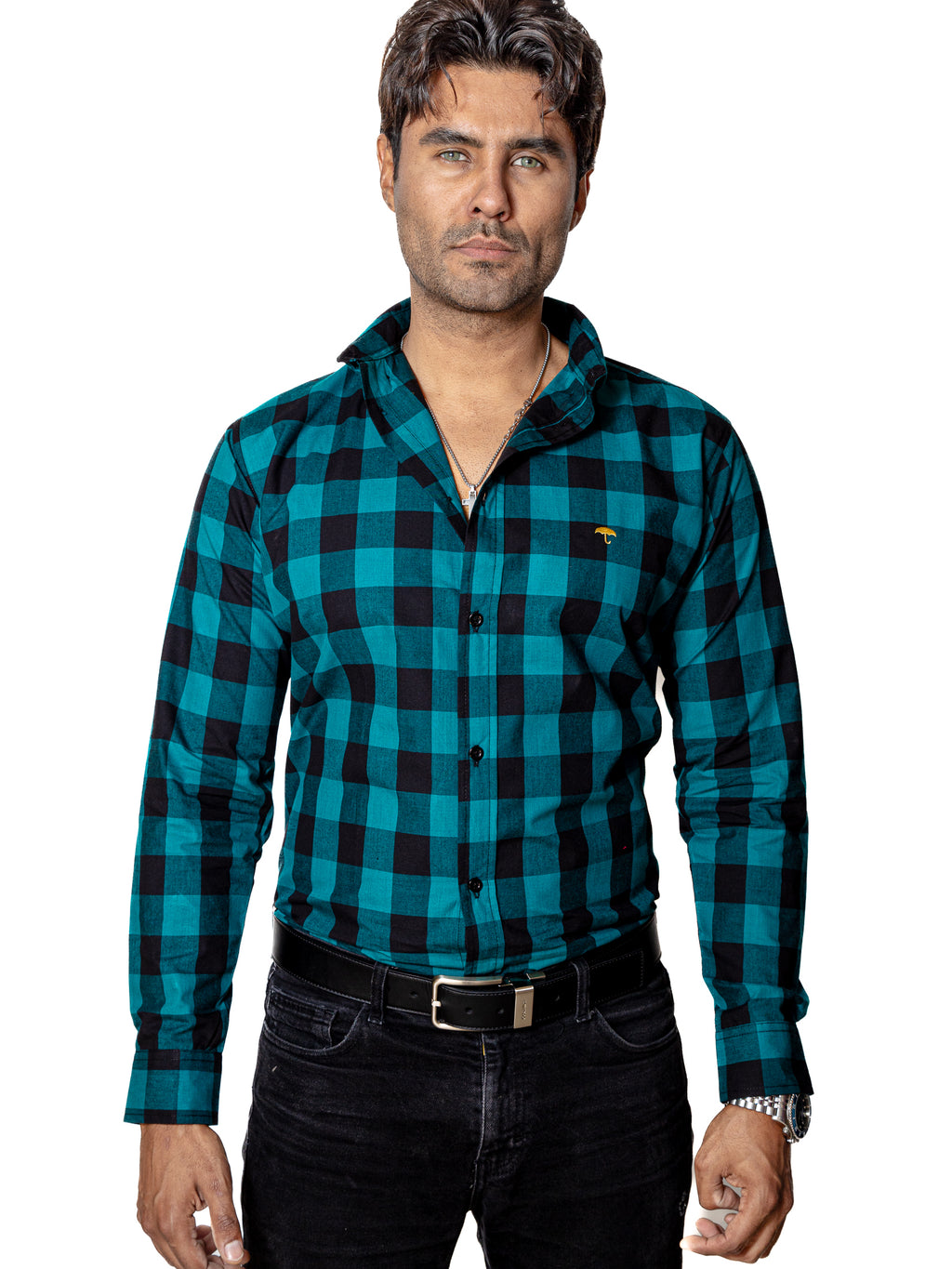 Camisa Casual Hombre Cuadros Verde Esmeralda y Negro - Tiendas Platino Camisas Hombre 34 (S)