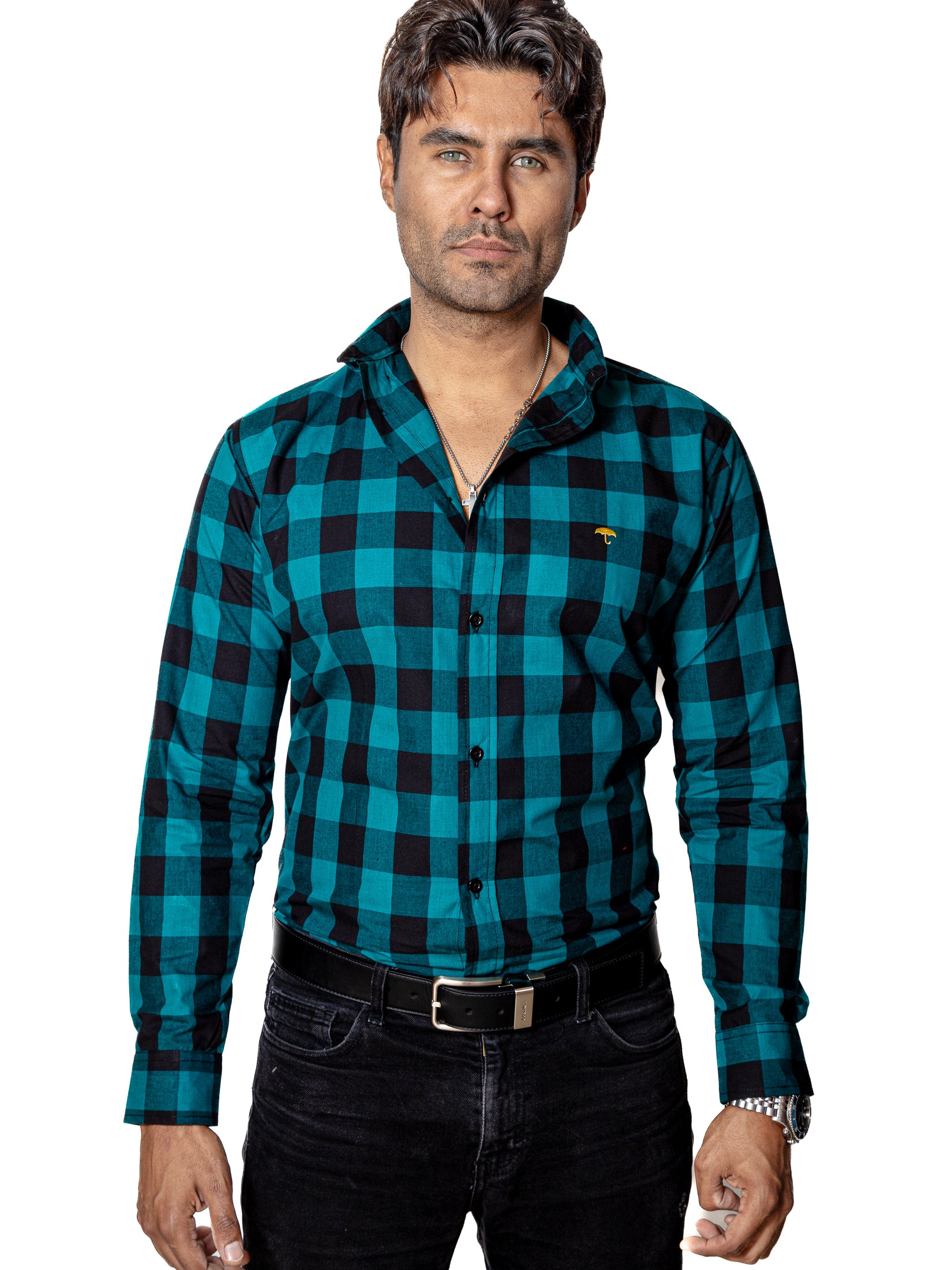 Camisa Casual Hombre Cuadros Verde Esmeralda y Negro - Tiendas Platino Camisas Hombre 34 (S)
