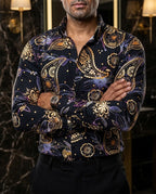 Men's Casual Black Shirt with Golden and Purple Flowers