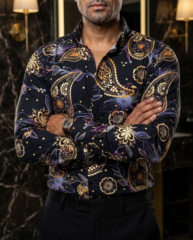 Men's Casual Black Shirt with Golden and Purple Flowers