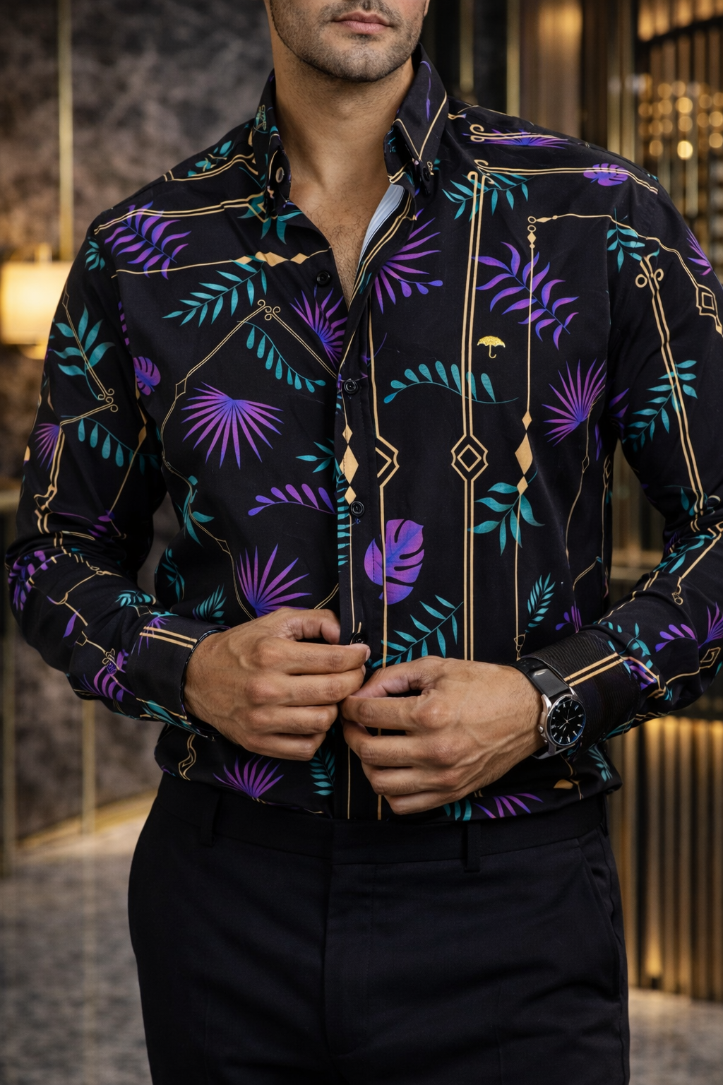 Men's Slim Casual Shirt, Black with Purple and Green Leaves