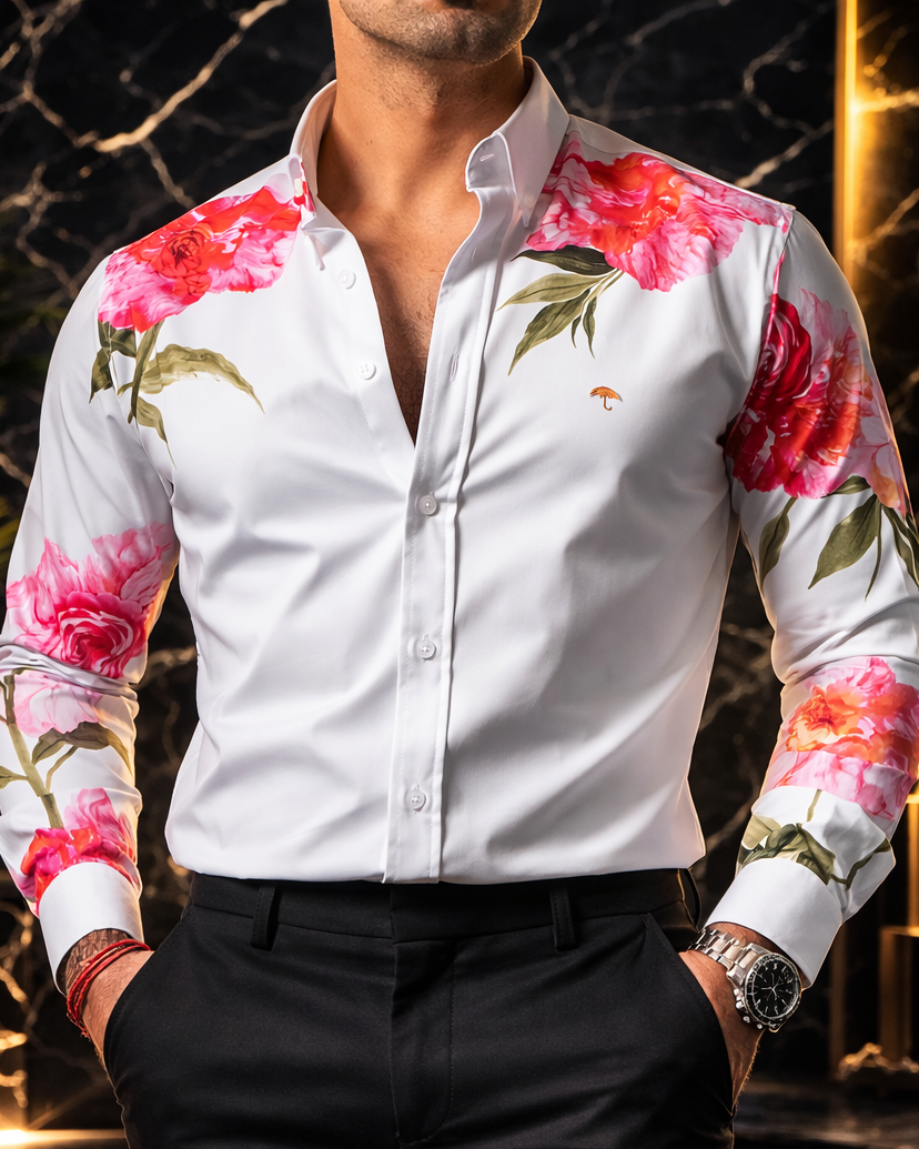 Camisa Hombre Casual Blanca Flores Rosas