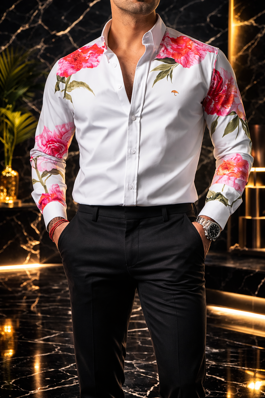 Camisa Hombre Casual Blanca Flores Rosas