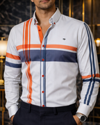 Camisa Hombre Casual Color Hueso Líneas Azul y Rojo