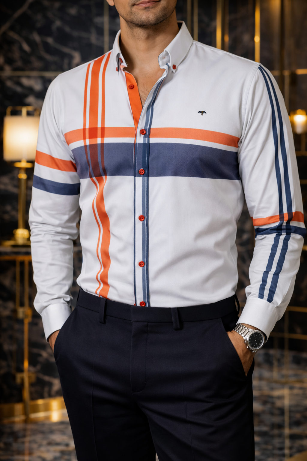 Camisa Hombre Casual Color Hueso Líneas Azul y Rojo