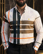 Camisa Casual Hombre Crema Líneas Chocolate Naranja Flores