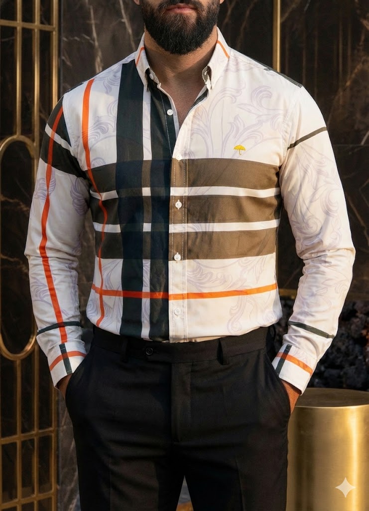 Camisa Casual Hombre Crema Líneas Chocolate Naranja Flores